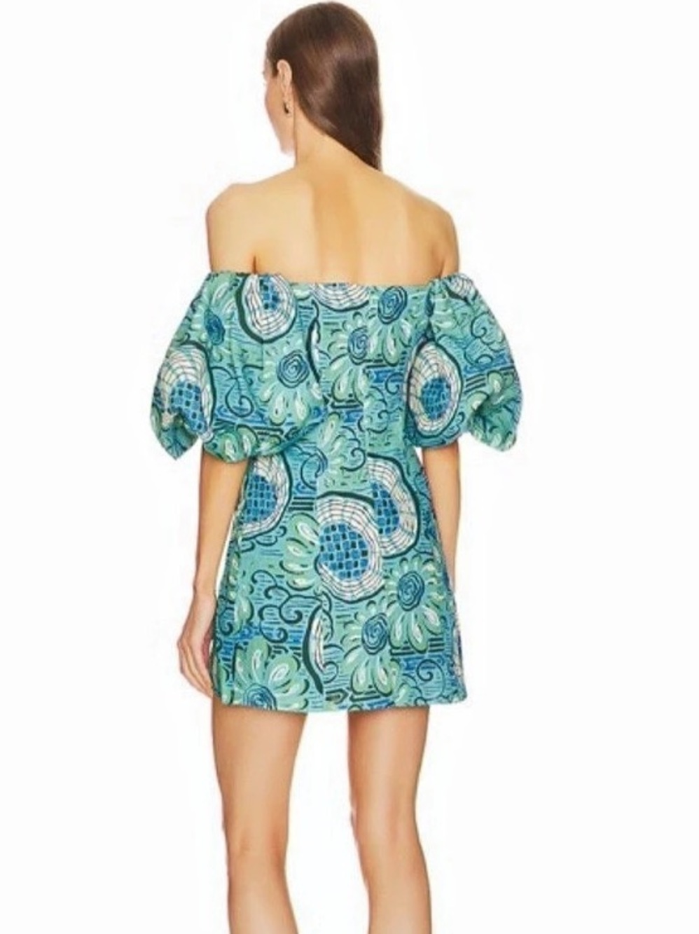 Off-Shoulder Paisley Mini Dress in Green & Blue Like New - Rhode Dali Dress - Picture 2 of 3